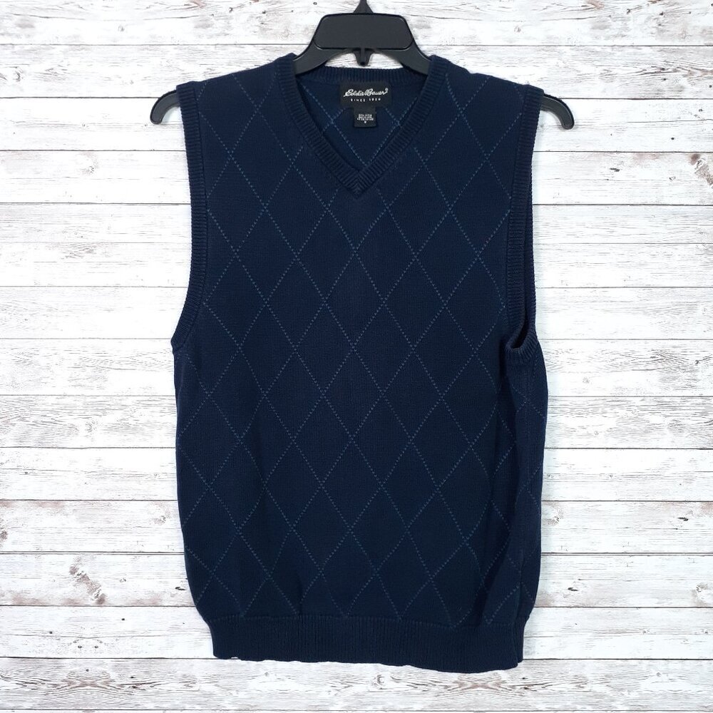 Eddie Bauer Mens Sweater Vest S Navy Diamond Pattern Cotton 428A